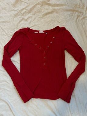 Urban Outfitters Red Ribbed Long-Sleeve Henley Top